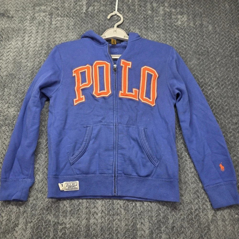 Polo Ralph‎ Lauren Full Zip Hoodie Boys Medium 10-12 Blue Pony Logo Spellout
